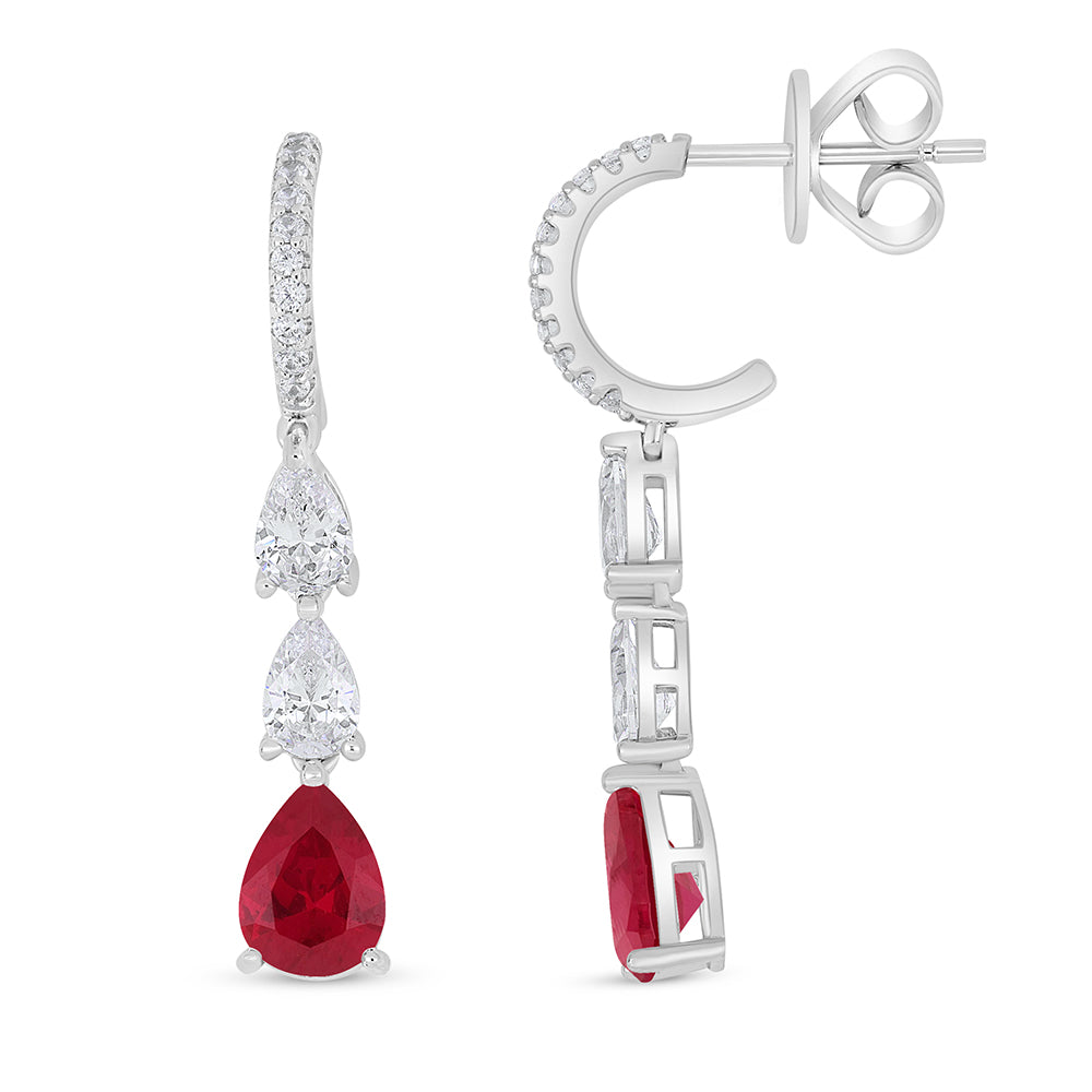 Sterling Silver 925 Earring Rhodium Plated Embedded With Ruby Corundum And White Zircon