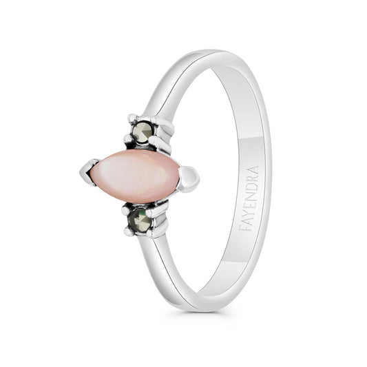 Sterling Silver 925 Ring Embedded With Natural Pink Shell And Marcasite Stones