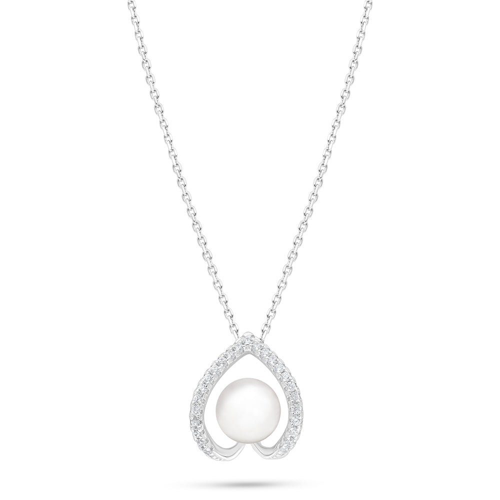 عقد من الفضة الخالصة عيار 925 مطلي روديوم مرصع لولو ابيض طبيعي و فص ابيض