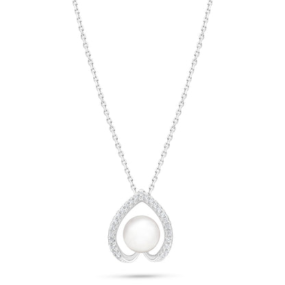 عقد من الفضة الخالصة عيار 925 مطلي روديوم مرصع لولو ابيض طبيعي و فص ابيض