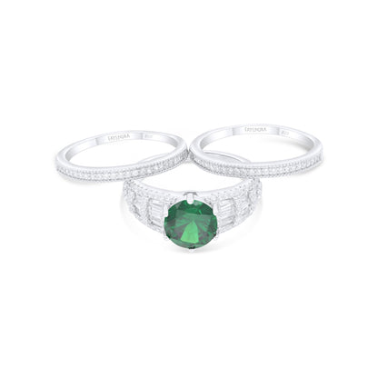 Sterling Silver 925 Ring (3pcs) Rhodium Plated Embedded With Emerald Zircon And White Zircon
