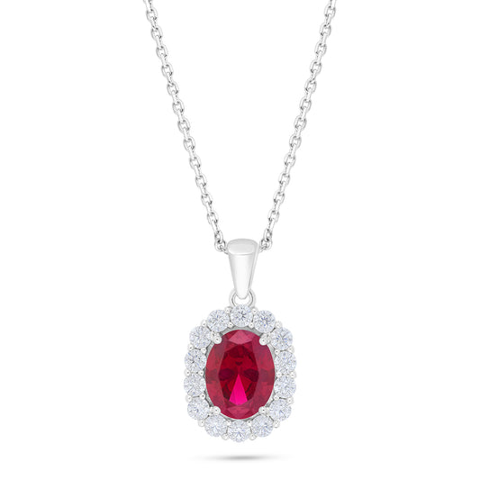 Sterling Silver 925 Necklace Rhodium Plated Embedded With Ruby Corundum And White Zircon