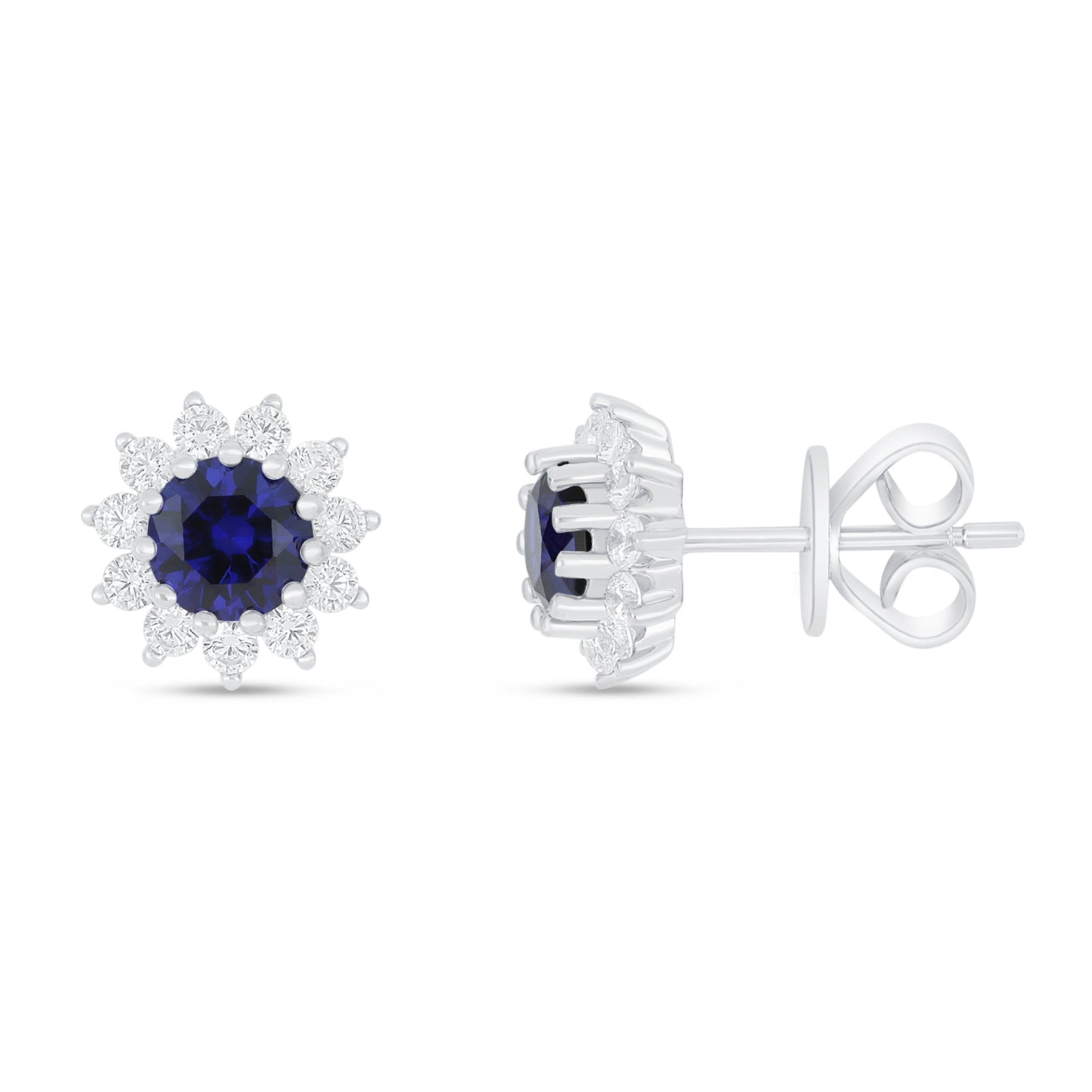Sterling Silver 925 Earring Rhodium Plated Embedded With Sapphire Corundum And White Zircon