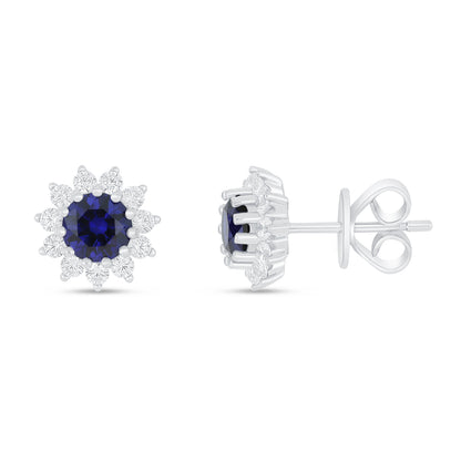 Sterling Silver 925 Earring Rhodium Plated Embedded With Sapphire Corundum And White Zircon