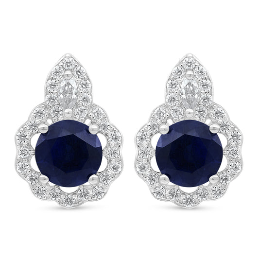 Sterling Silver 925 Earring Rhodium Plated Embedded With Sapphire Corundum And White Zircon
