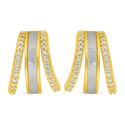 Sterling Silver 925 Earring Golden Plated Embedded With White Shell And White Zircon