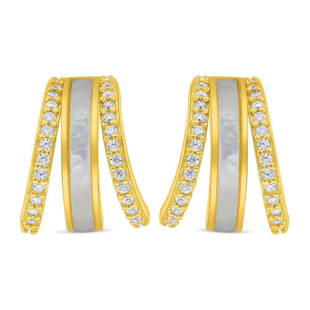 Sterling Silver 925 Earring Golden Plated Embedded With White Shell And White Zircon