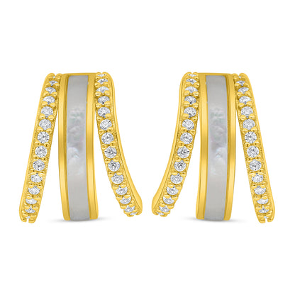 Sterling Silver 925 Earring Golden Plated Embedded With White Shell And White Zircon