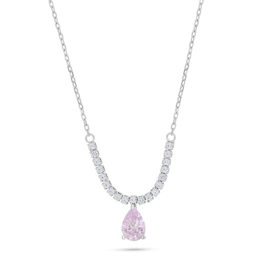 Sterling Silver 925 Necklace Rhodium Plated Embedded With Pink Zircon And White Zircon