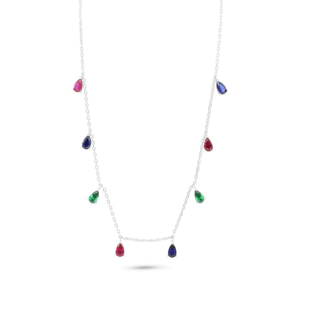 Sterling Silver 925 Necklace Rhodium Plated Embedded With Emerald Zircon And Sapphire Corundum And Ruby Corundum