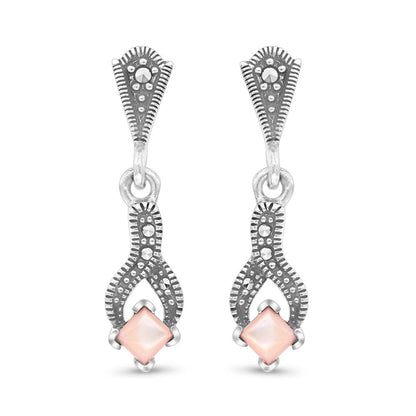 Sterling Silver 925 Earring Embedded With Natural Pink Shell And Marcasite Stones