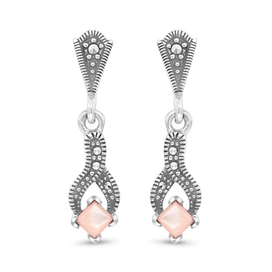 Sterling Silver 925 Earring Embedded With Natural Pink Shell And Marcasite Stones