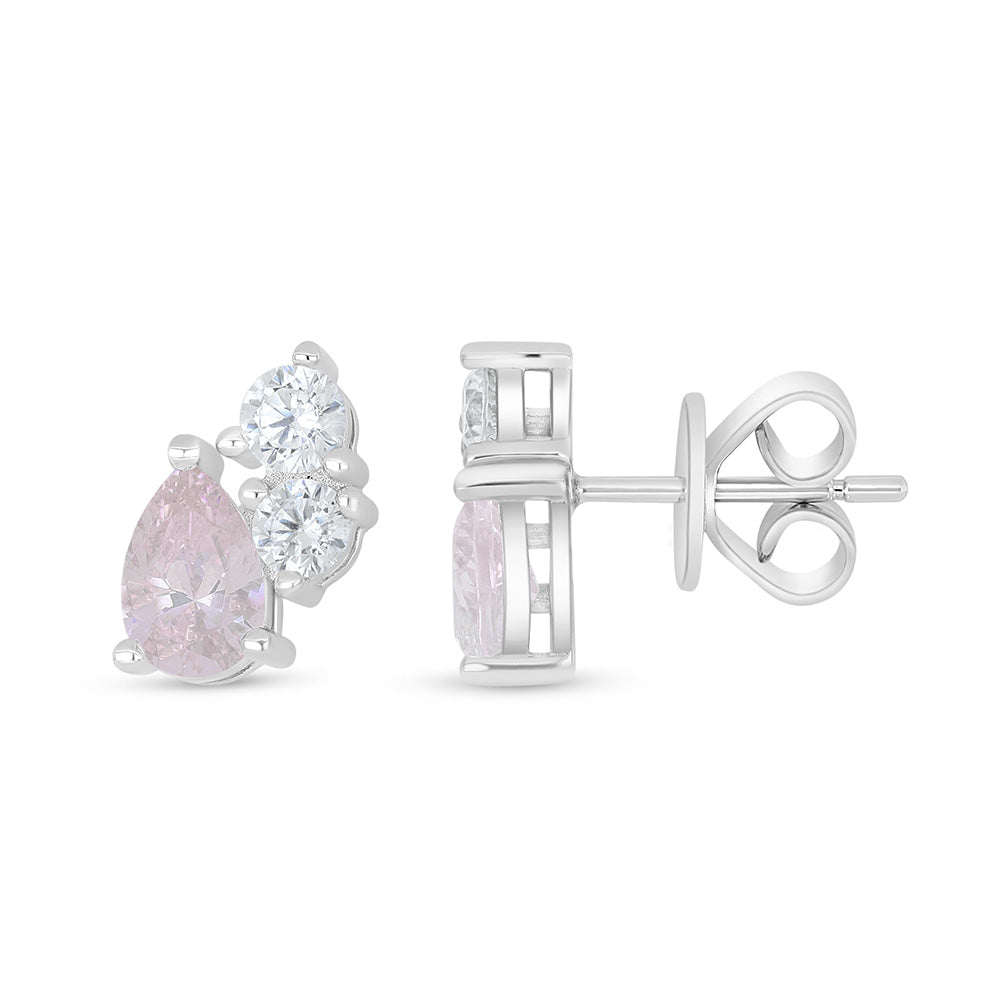 Sterling Silver 925 Earring Rhodium Plated Embedded With pink Zircon And White Zircon