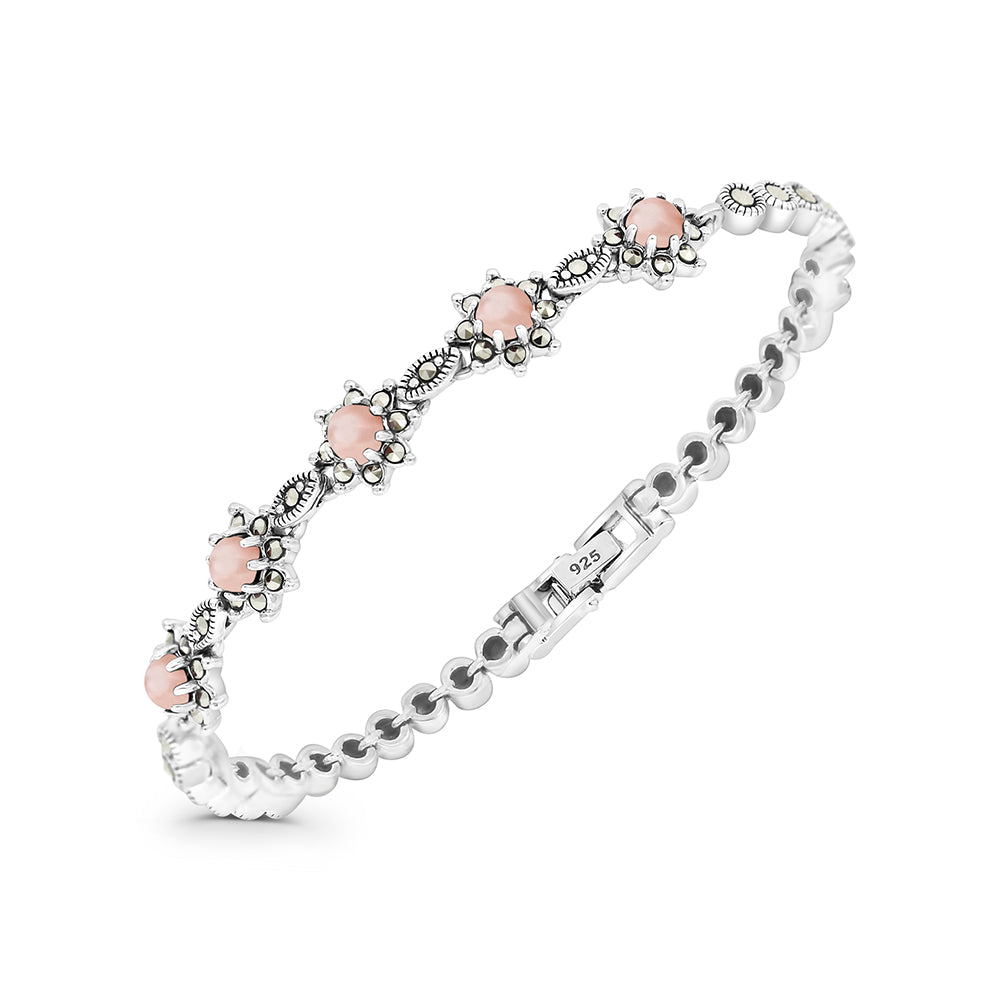 Sterling Silver 925 Set Embedded With Natural Pink Shell And Marcasite Stones