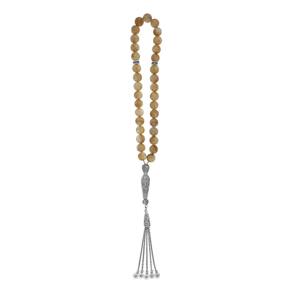 Rosary 33 Super Natural Rutile Round Bead 10 mm With Oxidized Silver 925 Set