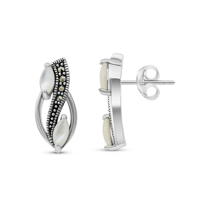 Sterling Silver 925 Earring Embedded With Natural White Shell And Marcasite Stones