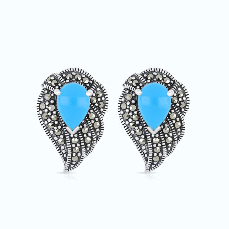 Sterling Silver 925 Earring Embedded With Natural Processed Turquoise And Marcasite Stones