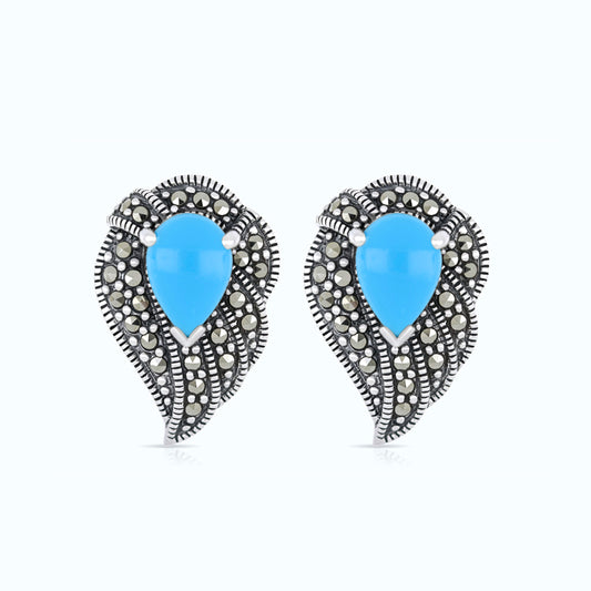 Sterling Silver 925 Earring Embedded With Natural Processed Turquoise And Marcasite Stones