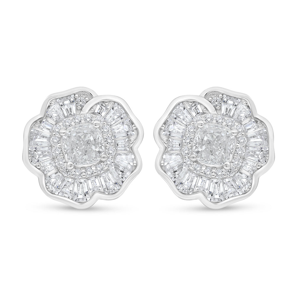 Sterling Silver 925 Earring Rhodium Plated Embedded With White Zircon