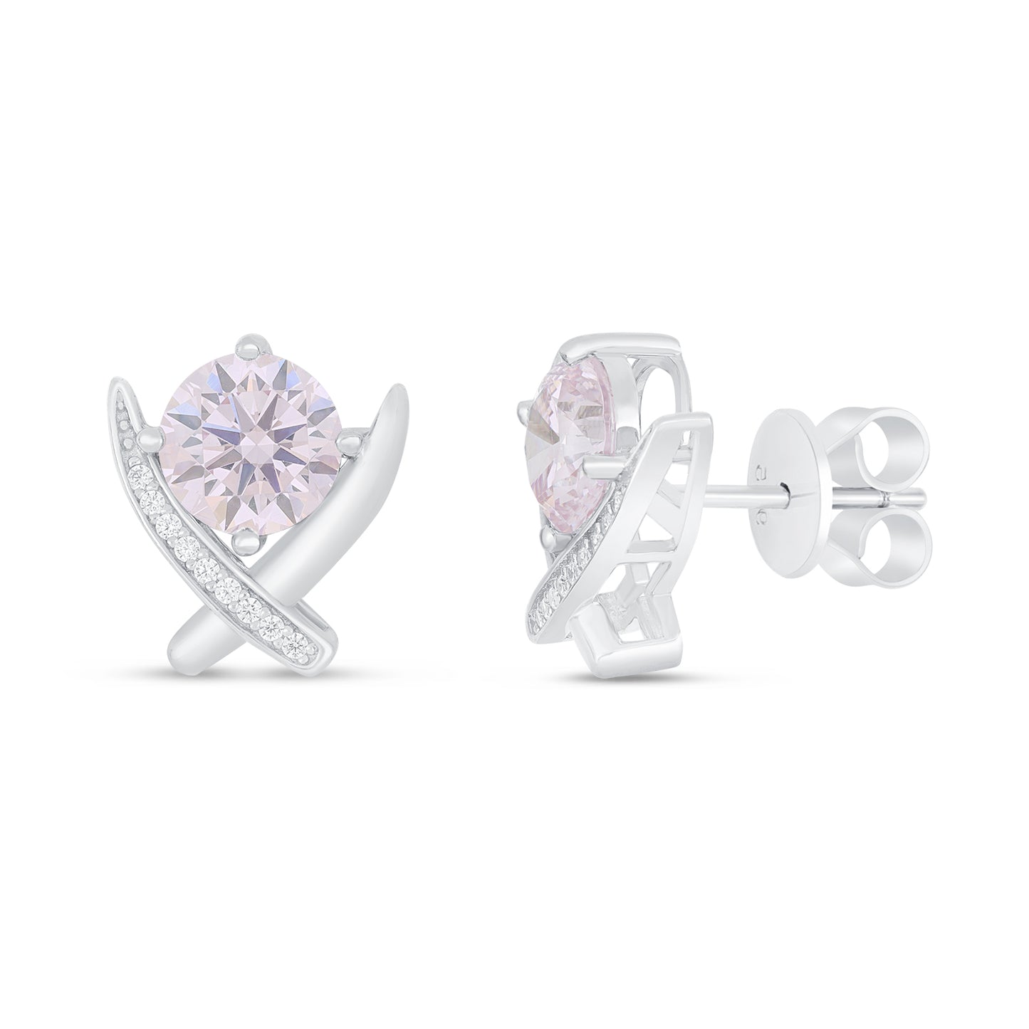 Sterling Silver 925 Earring Rhodium Plated Embedded With Pink Zircon And White Zircon