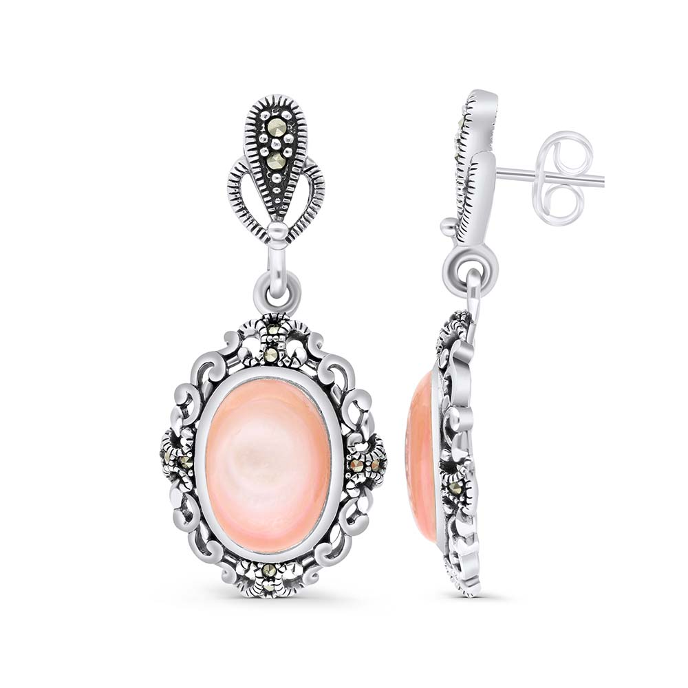 Sterling Silver 925 Earring Embedded With Natural Pink Shell And Marcasite Stones