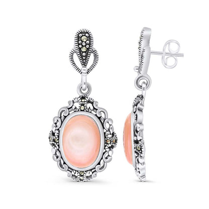 Sterling Silver 925 Earring Embedded With Natural Pink Shell And Marcasite Stones