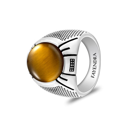 Sterling Silver 925 Ring Rhodium And Black Plated Embedded With Cabochon Yellow Tiger Eye For Men