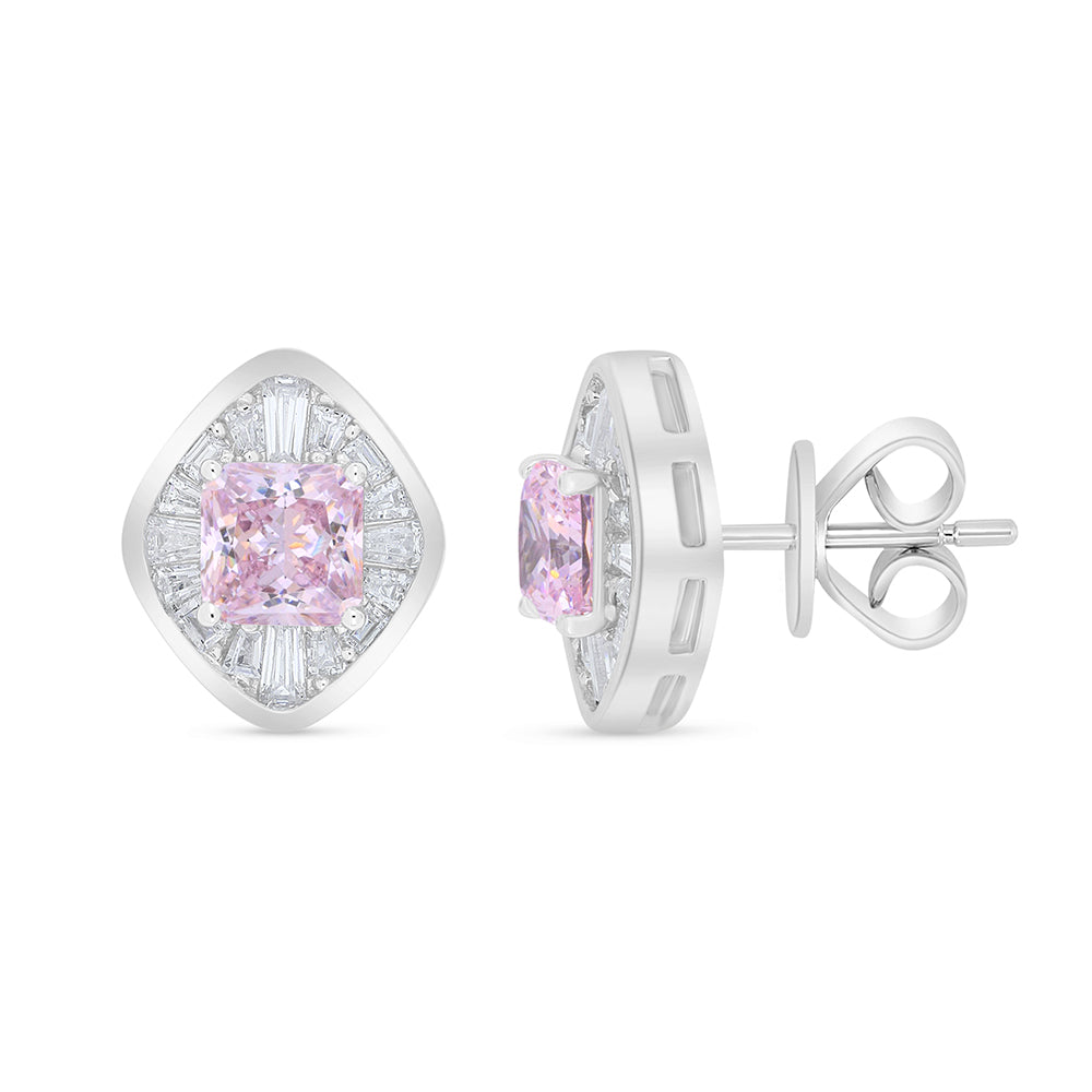 Sterling Silver 925 Earring Rhodium Plated Embedded With Pink Zircon And White Zircon
