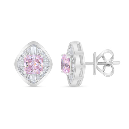 Sterling Silver 925 Earring Rhodium Plated Embedded With Pink Zircon And White Zircon
