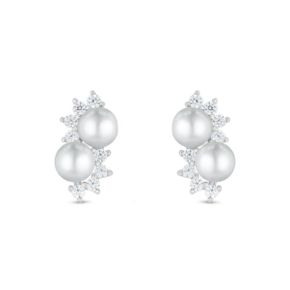 Sterling Silver 925 Earring Rhodium Plated Embedded With Natural White Pearl And White Zircon