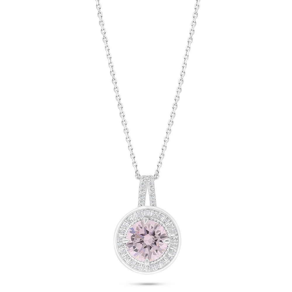 Sterling Silver 925 Necklace Rhodium Plated Embedded With Pink Zircon And White Zircon