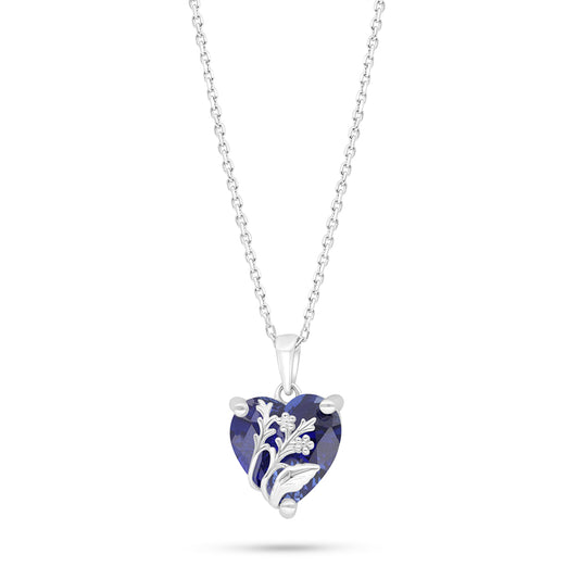 Sterling Silver 925 Necklace Rhodium Plated Embedded With Sapphire Corundum