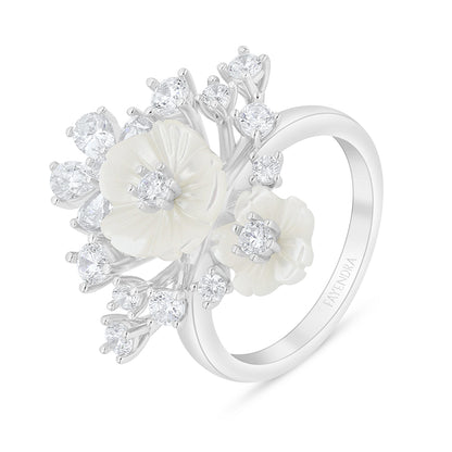 Sterling Silver 925 Ring Rhodium Plated Embedded With White Shell And White Zircon