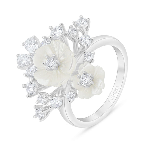 Sterling Silver 925 Ring Rhodium Plated Embedded With White Shell And White Zircon
