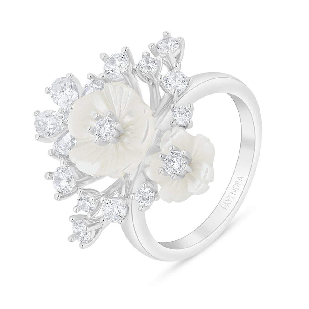 Sterling Silver 925 Ring Rhodium Plated Embedded With White Shell And White Zircon