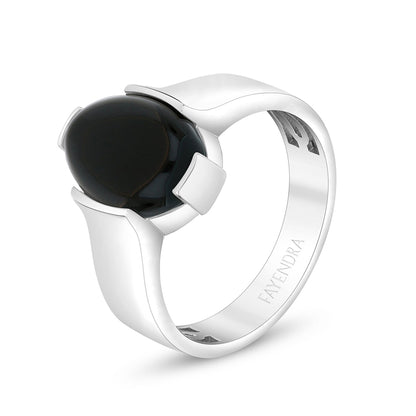 Sterling Silver 925 Ring Rhodium Plated Embedded With Cabochon Black Agate For Men