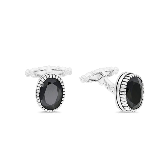 Sterling Silver 925 Cufflink Rhodium And Black Plated Embedded With Black Spinal Stone