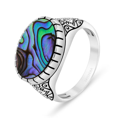 Sterling Silver 925 Ring Rhodium And Black Plated Embedded With Blue Shell For Men