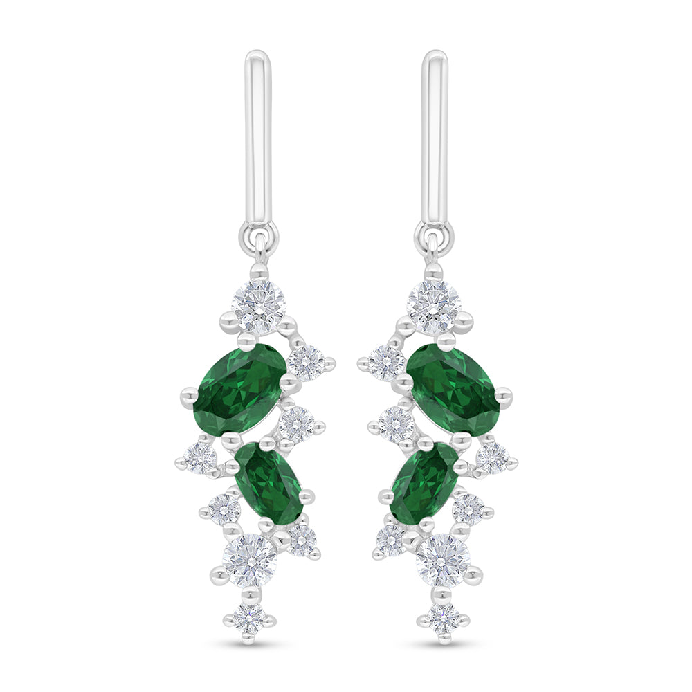 Sterling Silver 925 Earring Rhodium Plated Embedded With Emerald Zircon And White Zircon