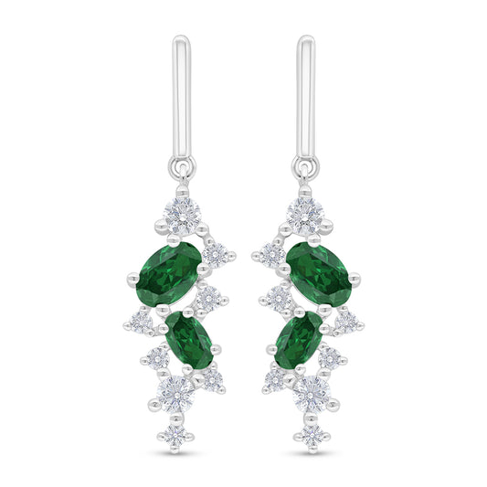 Sterling Silver 925 Earring Rhodium Plated Embedded With Emerald Zircon And White Zircon
