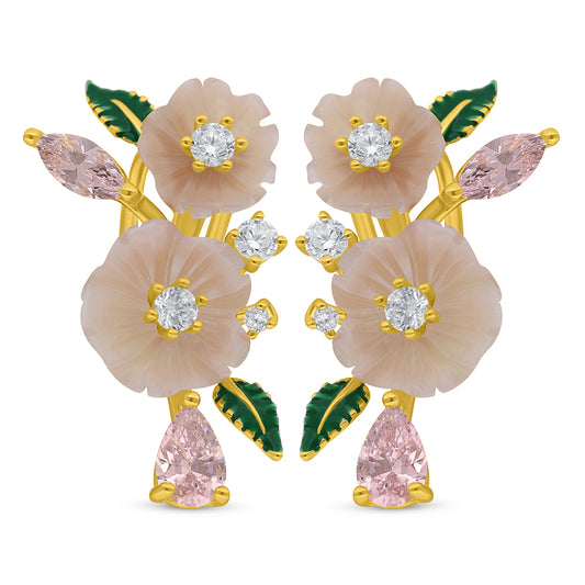 Sterling Silver 925 Earring Golden Plated Embedded With Pink Shell And Pink Zircon And White Zircon