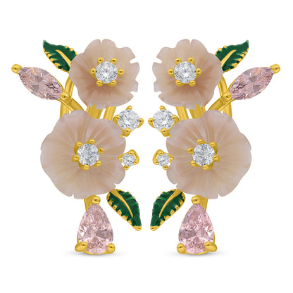 Sterling Silver 925 Earring Golden Plated Embedded With Pink Shell And Pink Zircon And White Zircon