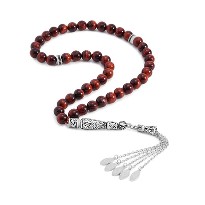 Red Tiger Eye Rosary 45 Bead 8 MM With Stainless Steel 316L Set (Silver & Black Plated)