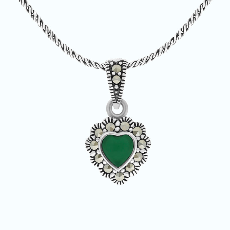 Sterling Silver 925 Pendant Embedded With Natural Green Agate And Marcasite Stones