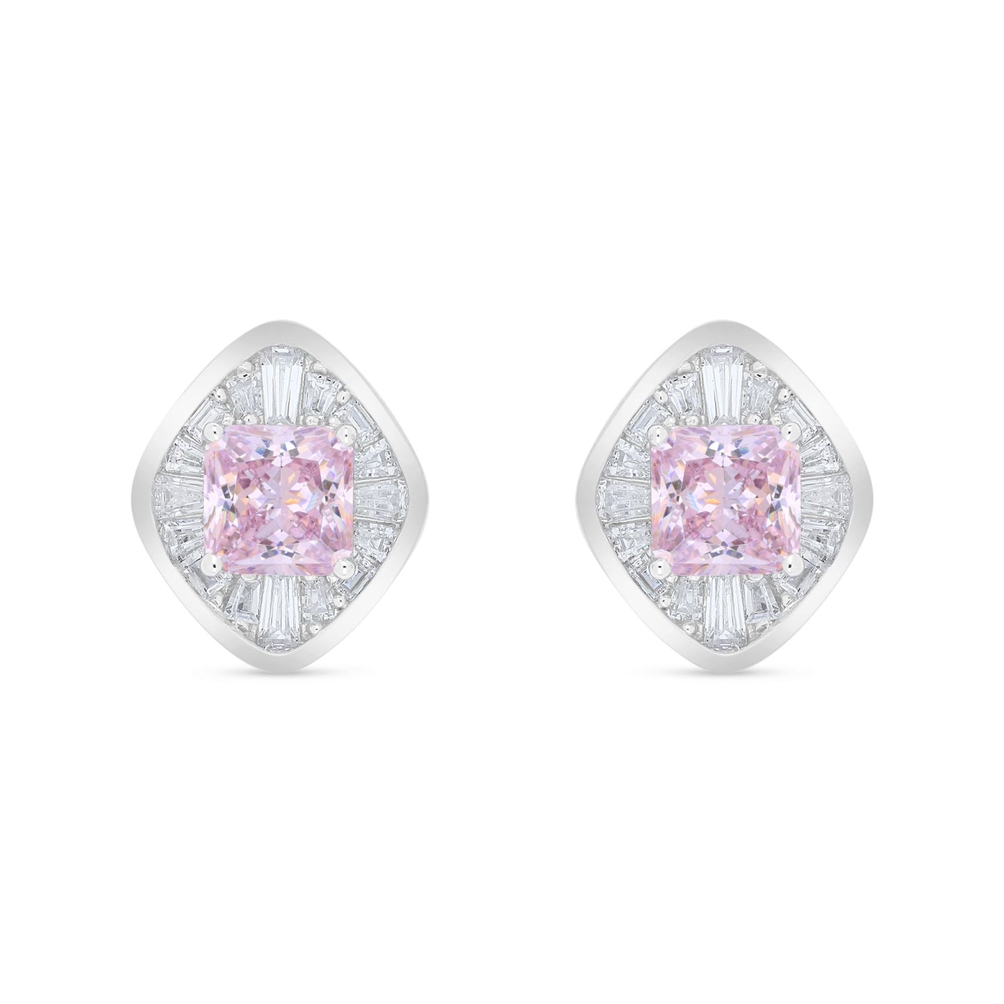 Sterling Silver 925 Earring Rhodium Plated Embedded With Pink Zircon And White Zircon