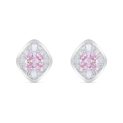 Sterling Silver 925 Earring Rhodium Plated Embedded With Pink Zircon And White Zircon