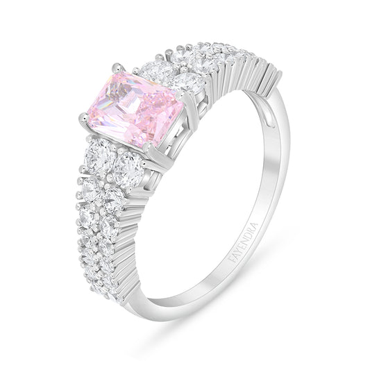 Sterling Silver 925 Ring Rhodium Plated Embedded With Pink Zircon And White Zircon
