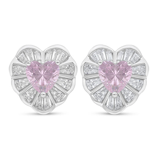 Sterling Silver 925 Earring Rhodium Plated Embedded With Pink Zircon And White Zircon