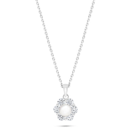 عقد من الفضة الخالصة عيار 925 مطلي روديوم مرصع لولو ابيض طبيعي و فص ابيض