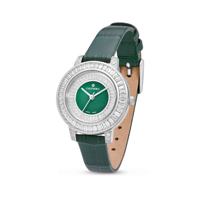 Stainless Steel 316L Watch Silver Color Green Leather Embedded With White Zircon - GREEN MOP DIAL